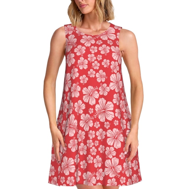 Vsdgher Robe d'Été à Imprimé de Fleurs d'Hibiscus Rouges pour Femmes, Décontractée, Col en U, Robe de Plage Sans Manches, Débardeur Ample, Robe Soleil avec Poche