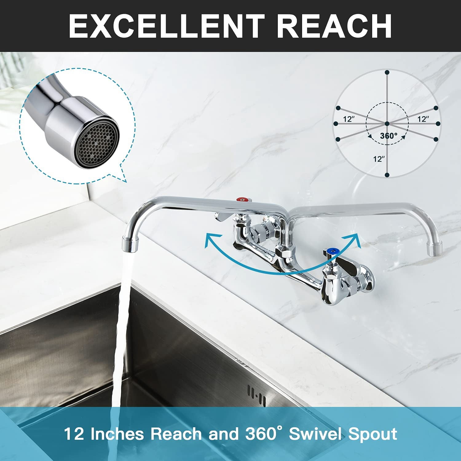 Fada Wall Mount Kitchen Faucet 12" Swivel Spout, 8" Center, Chrome Commercial Sink
