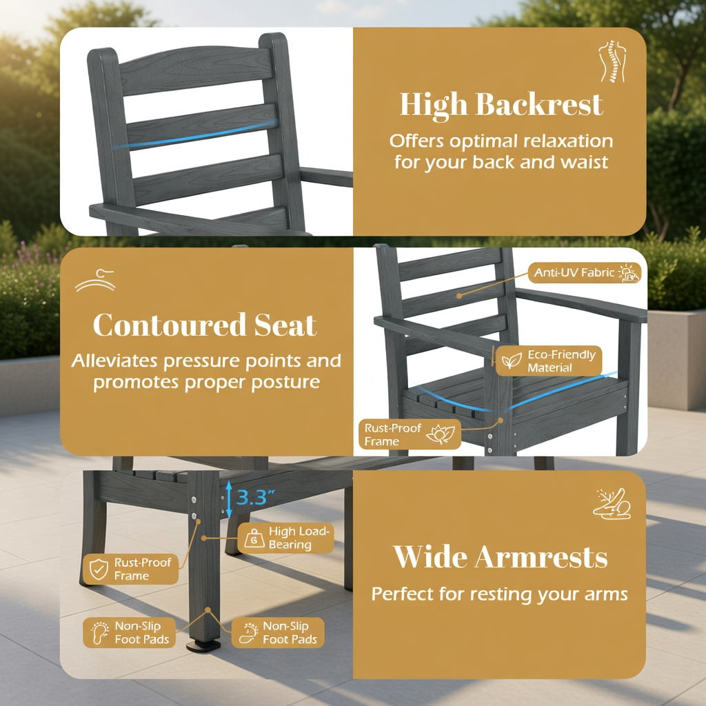Hommoo 2-Pack HDPE All-Weather Outdoor Dining Chairs, Adirondack Patio Chairs with Wide Armrests, Rustic Wood-Look, Gray