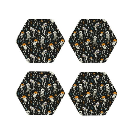 

Fuzoiu Dancing Skeleton Party Print Leather Coasters Set Drink Coasters Set of 4 for Tabletop Protection Durable PVC Coasters Home Décor and Housewarming Gift-Hexagon