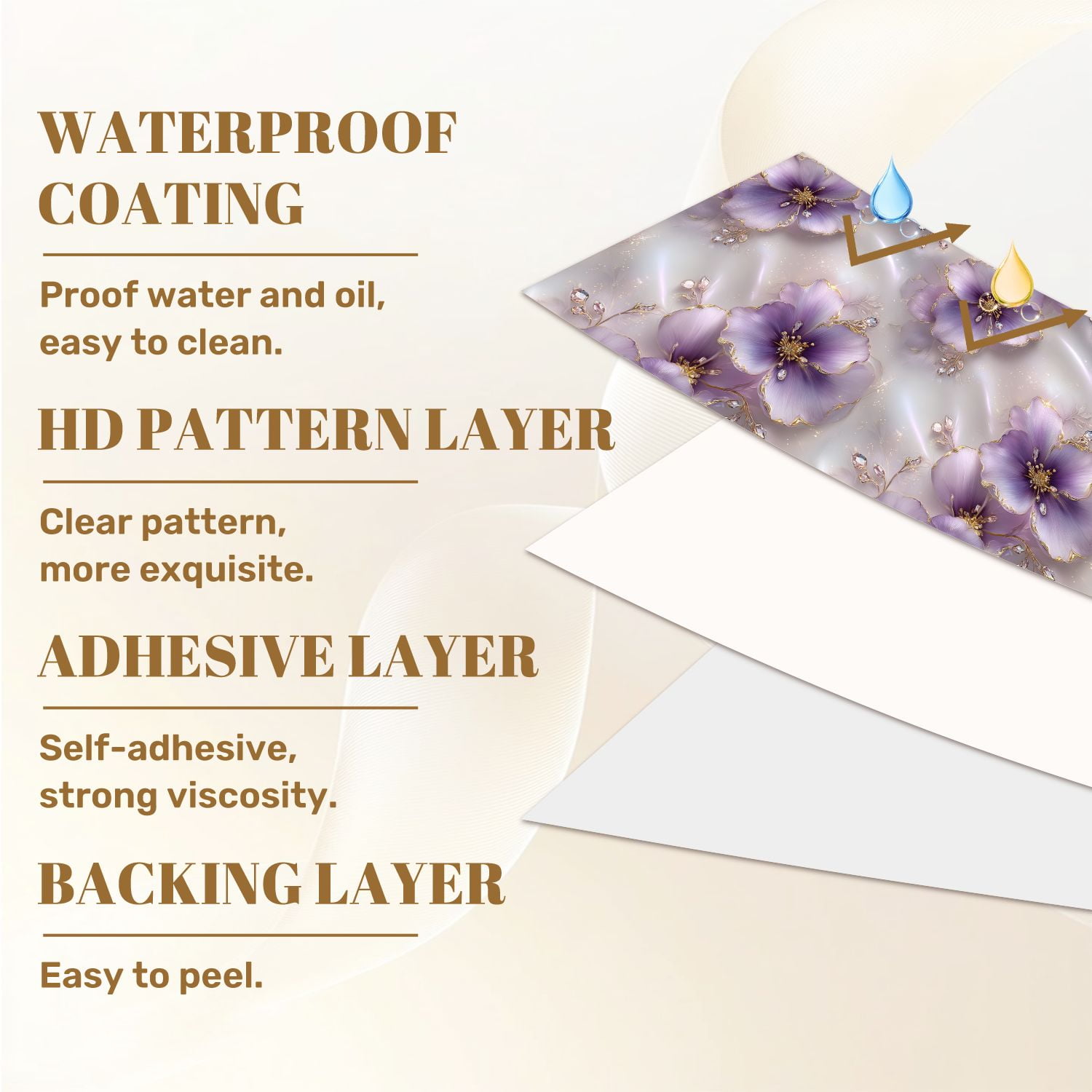 Peel and Stick Wallpaper Delicate Purple Floral Design Gold Accents Gemstone Wall Mural 23.6in x 9.8ft Self Adhesive Removable Wall Paper Renter Friendly Wallpaper for Nursery Bedroom