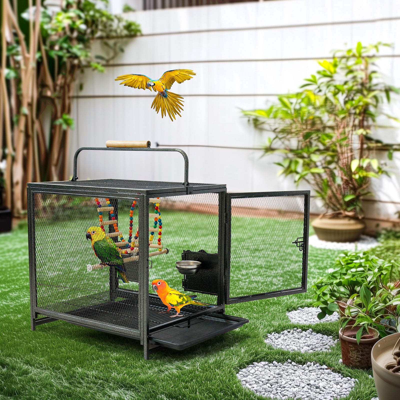 Bingopaw Portable Metal Small Travel Bird Cage Carrier with Hammock Swing Toy and Perch, Removable Tray, Bowls