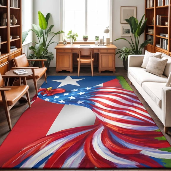 Large Area Rugs 5'x8', National Flag Carpet Runner Indoor Outdoor Rugs Home Decor Aesthetic, Red Blue Rooster Farmhouse Art Non Slip Mats Washable Accent Rug for Living Room Bedroom