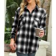 thumbnail image 3 of Blusa a cuadros para mujer, solapa, media longitud, poliéster, informal, manga larga, camisa con botones para el trabajo diario, Otoño Invierno, negro, M, 3 of 6