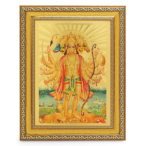 Bm Trades Hanuman Panchmukhi Beautiful Golden Foil Photo In ArtWork Golden Frame (11 x 14 Inch)OR(27.94 X 35.56 Cm) Housewarming Gifts