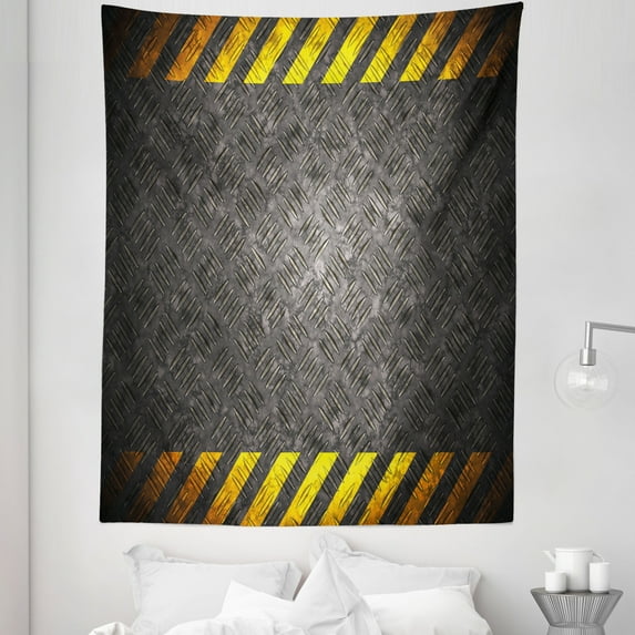 Construction Tapestry, Abstract Background with Caution Tape Inspired Frame Borders, Fabric Wall Hanging Decor for Bedroom Living Room Dorm, 5 Sizes, Dark Taupe Marigold, by Ambesonne