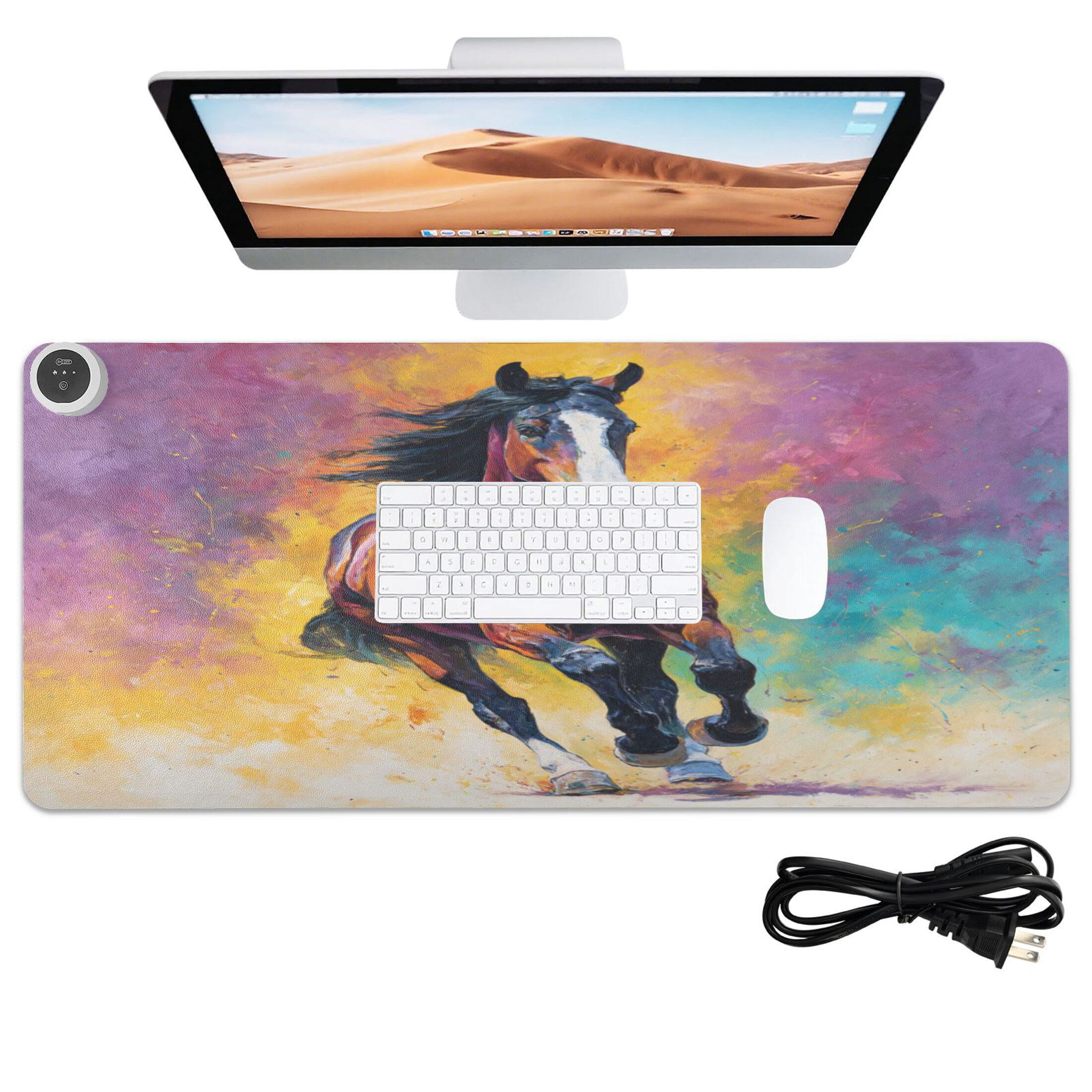Large Heated Desk Mat Mouse Pad 31.5"x13"PU Leather Graphene Heating Desk Warmer with 3 Temperature Settings 110V US Plug Non-Slip Warm Pad for Home, Office, and Gaming Dynamic Equestrian Art Design