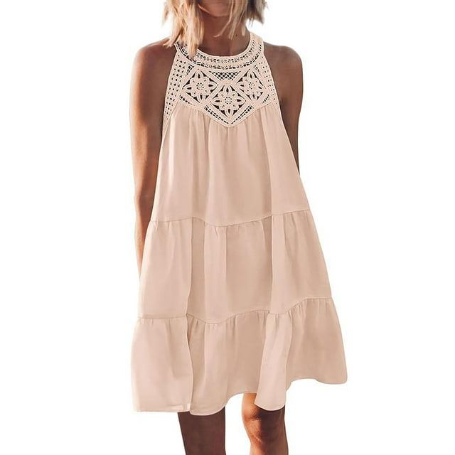 Timegard Hauts et Robes pour Femmes Dentelle Col Rond Sans Manches à Volants Mi-Longue Robe Hauts Été Plage Ample