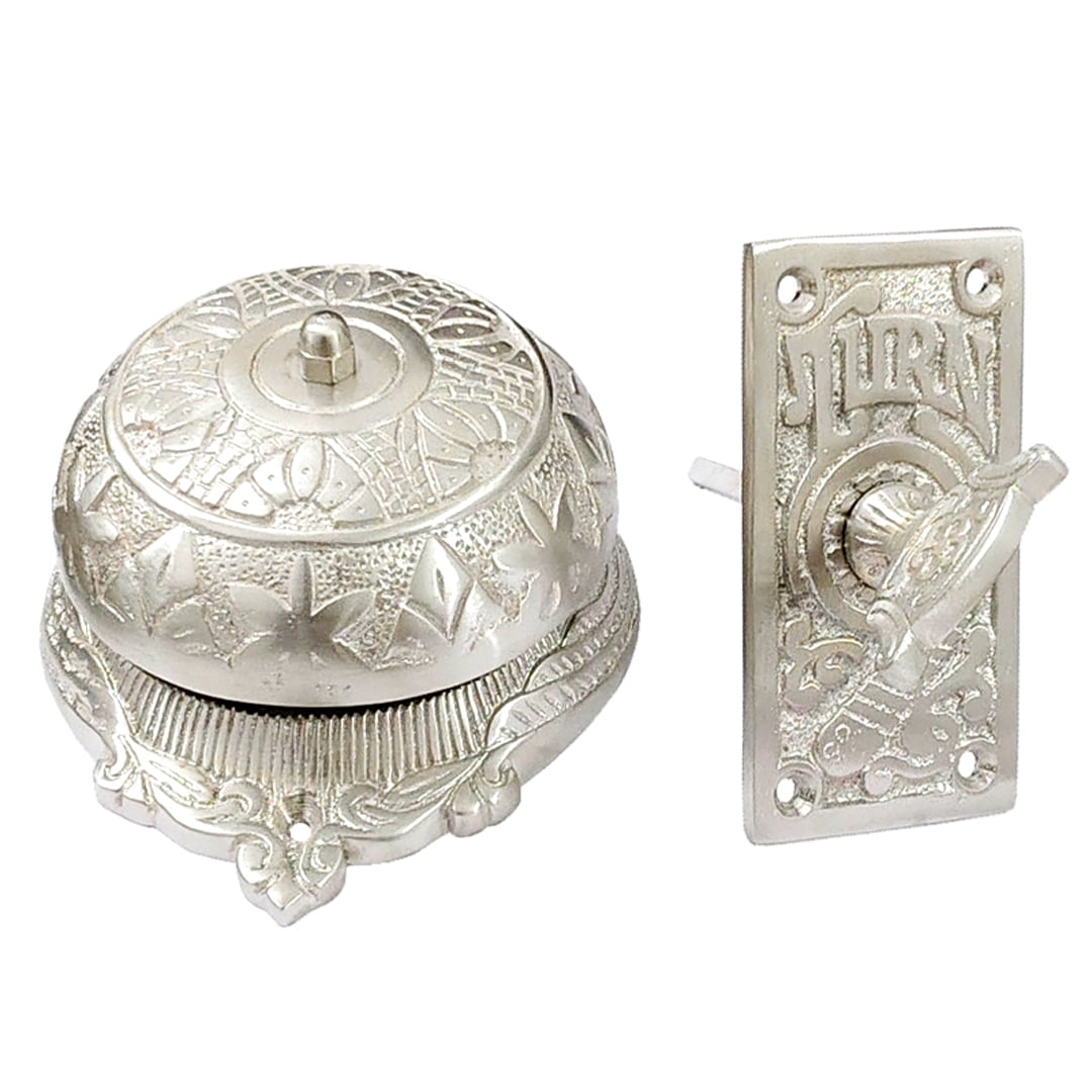 Shristy Hardware "Hezekiah" Brass Manual Old Fashioned Door Bell – Vintage Twist Bell with Key Plate – Mechanical Doorbell for Home – (Pack of Satin Nickel Finish) PT-2