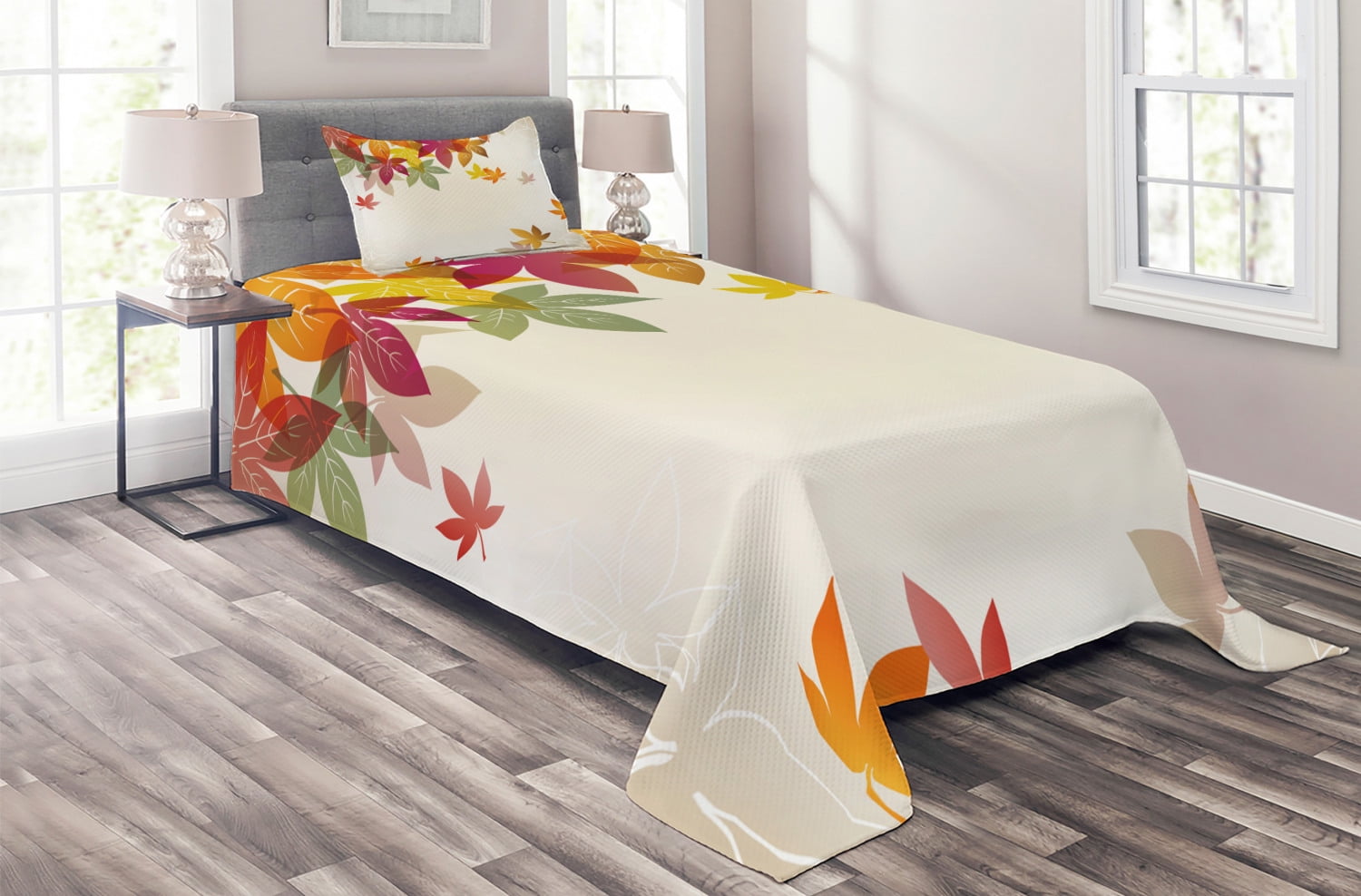 Fall Coverlet Set Twin Size, Silhouettes of Maple Tree Leaves in Pastel ...