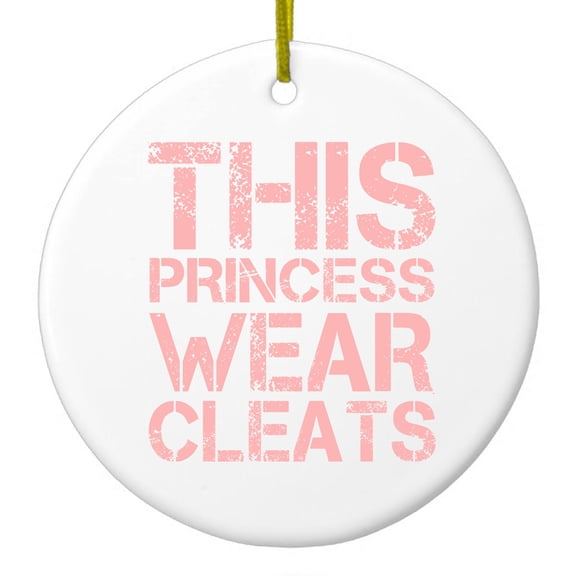 DistinctInk Hanging Ceramic Christmass Tree Ornament with Gold String - Great Gift / Present - 2 3/4 inch diameter - This Princess Wear Cleats