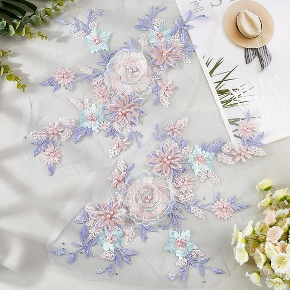 2pcs 2pcs 3D Embroidered Flower Patches Pearl Beaded Lace Applique Sew on Bead Patch Embroidery Floral Lace Trim Fabric for Wedding Dress Sewing Crafts Clothes Hat Jeans Garment Decor Lilac