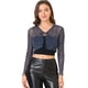 thumbnail image 1 of Allegra K Blusa con purpurina para mujer, cuello en V con estrella, lazo semitransparente en la parte delantera, manga larga, encogimiento de hombros Azul oscuro L, 1 of 6