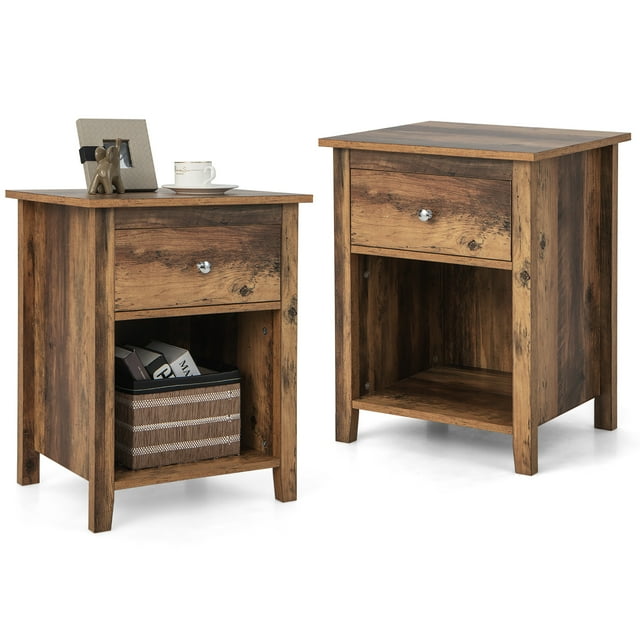 Costway 2 PCS Nightstand side Table with Drawer Open Shelf for Living Room Bedroom Brown