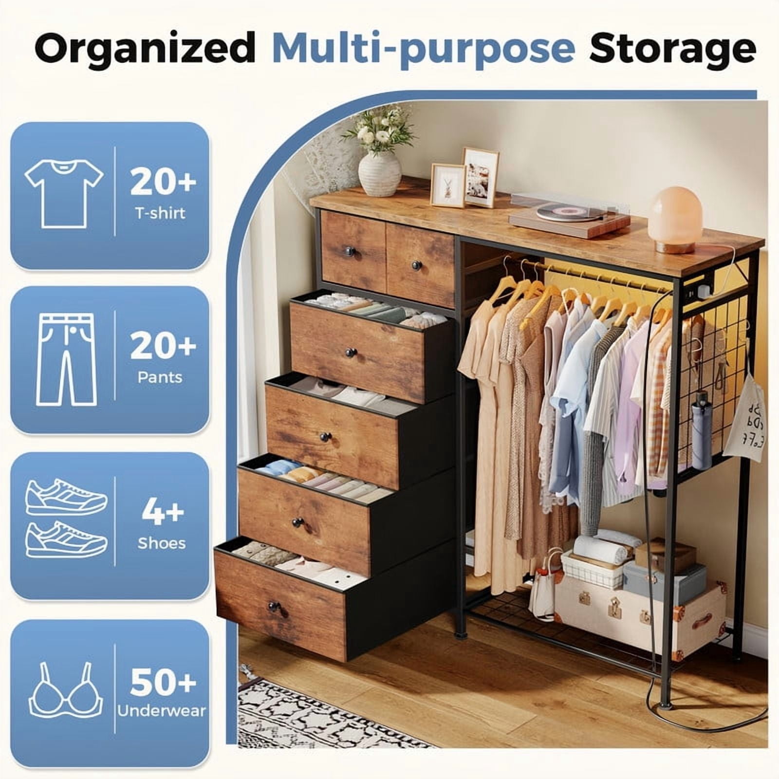 Kelno 6 Drawer Dresser with Hanging Rack LED Lights Charging Station Fabric Closet Organizer Storage Tower, Rustic Brown