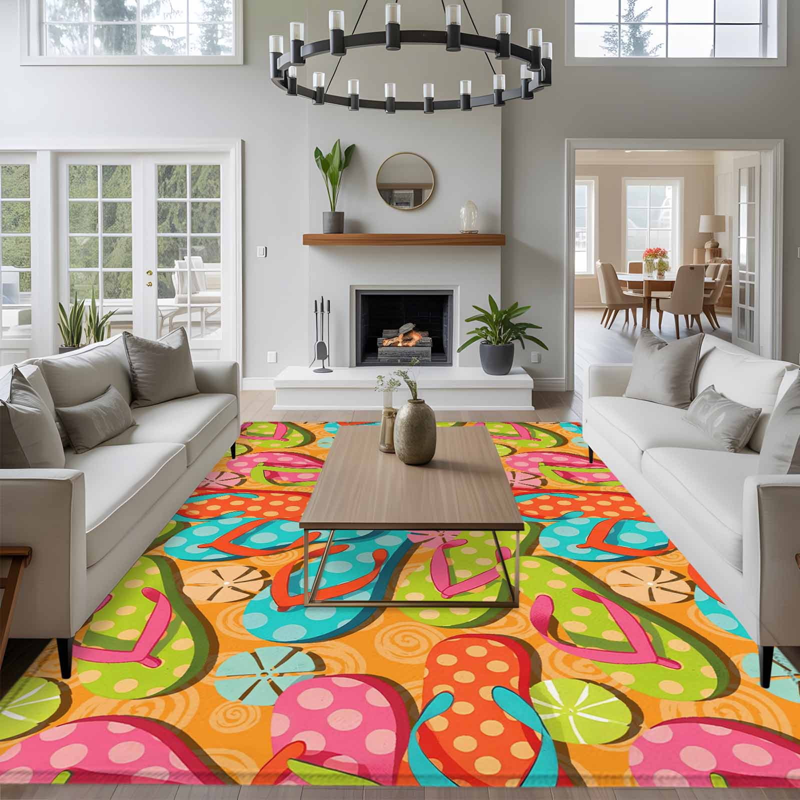 Watercolor Flip Flop Area Rugs 5'x7', Washable Small Throw Rugs for Laundry Room Playroom, Summer Coastal Beach Slippers Indoor Outdoor Rug Non-Slip Low Pile Carpet Runner Reversible Floor Mats