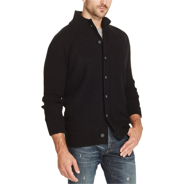Weatherproof Mens Waffle-Stitch Cardigan Sweater, Black, Large