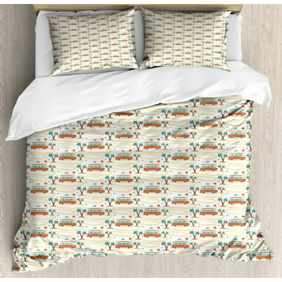 Happy Camper King Size Duvet Cover Set Hippie Van On Tropical Road Happy Camper King Size Duvet Cover Set Hippie Van On Tropical Road Hawaiian Palm Trees Summer Vacation Decorative 3 Piece Bedding With 2 Pillow Shams