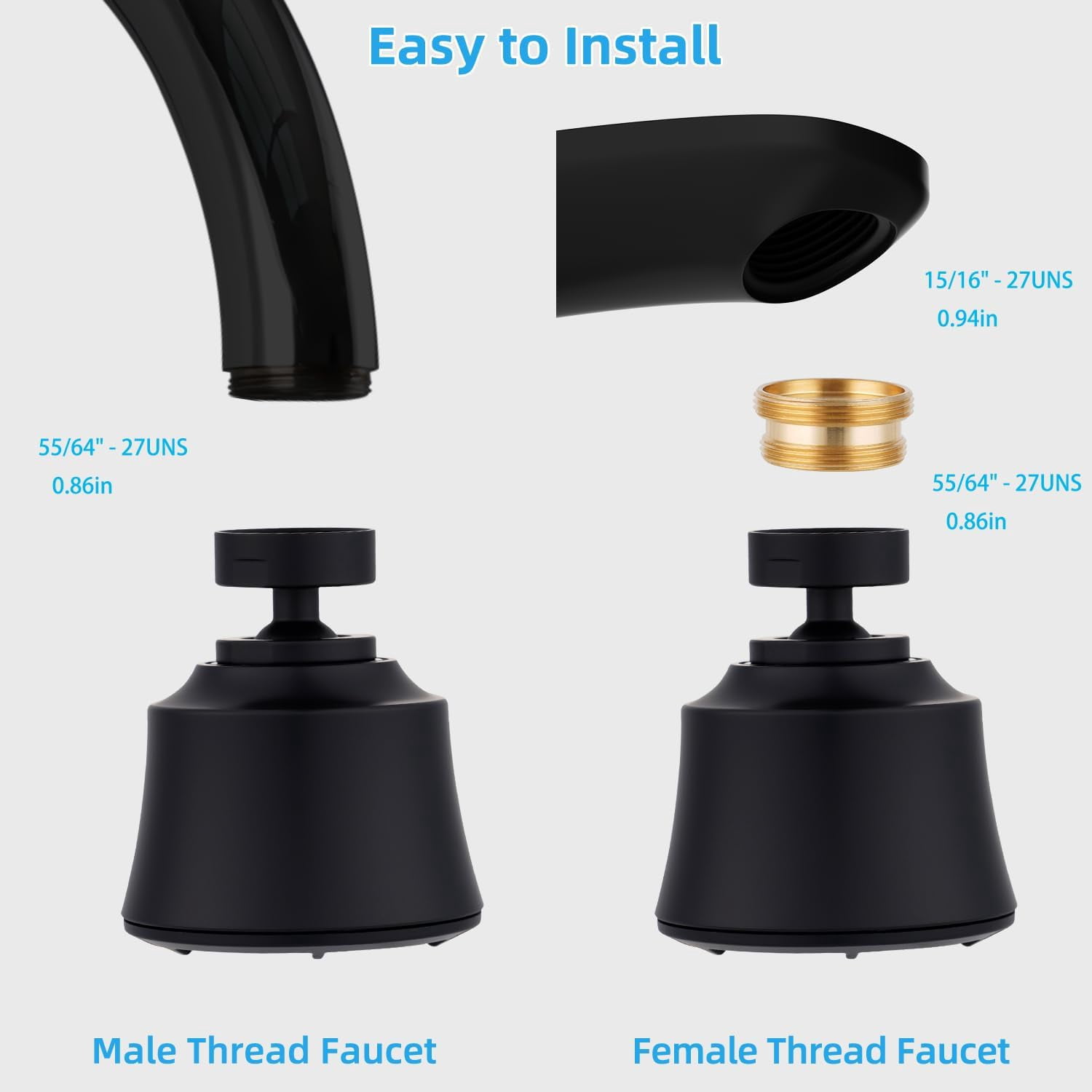 Kitchen Sink Faucet Head with Metal Ball Joint, 360° Swivel Faucet Sprayer Head, Big Angle Faucet Aerator Adapter 55/64-27UNS Female Thread, 4 Spray Modes, Extra Metal Adapters, Matte Black
