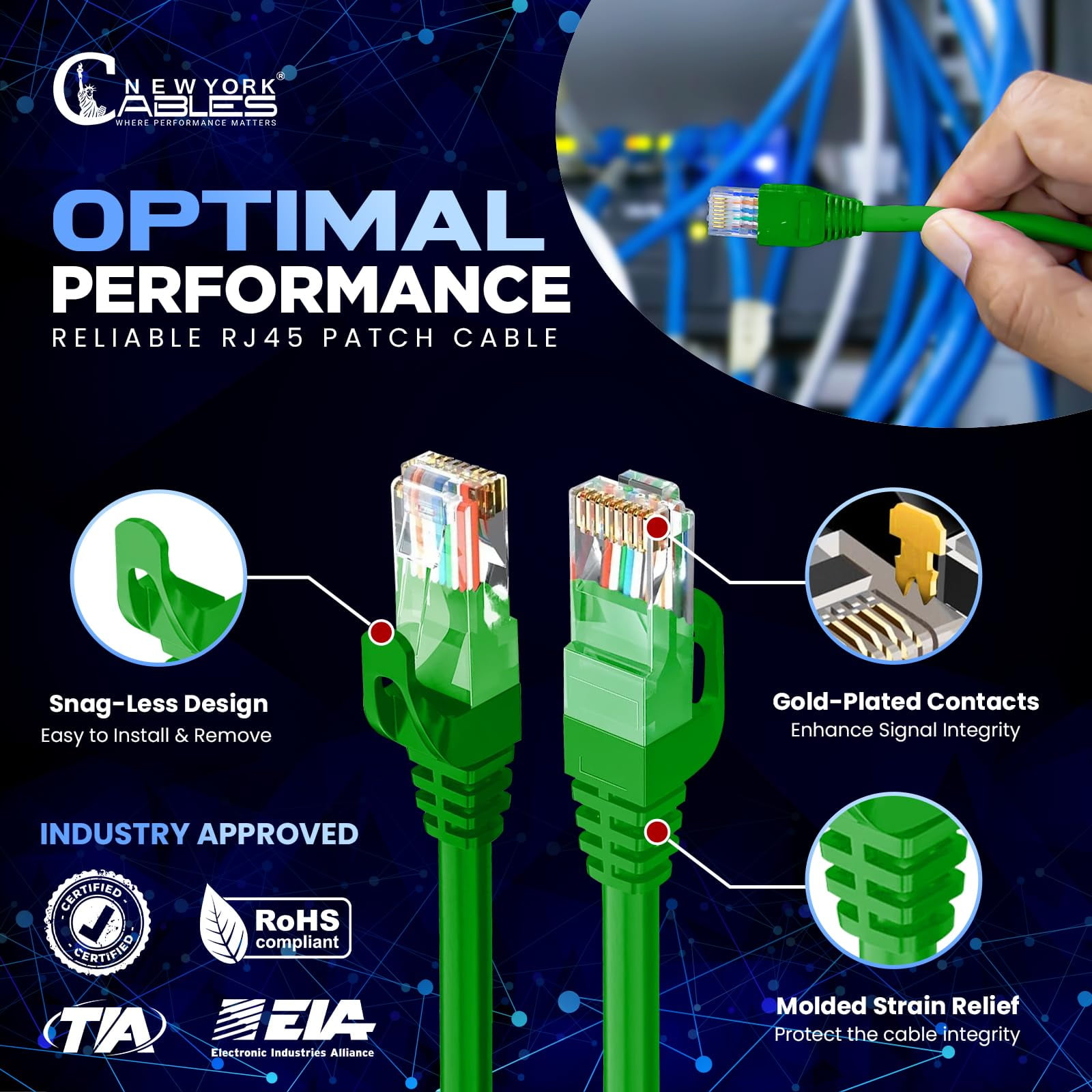 NewYork Cables 3ft Cat6 Ethernet Patch Internet Cable, 1-Pack, Snagless RJ45 Connector, Green