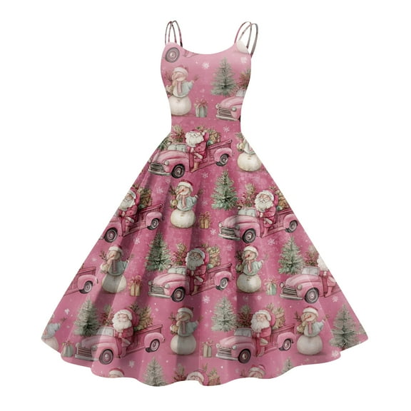 Women's Christmas Print Casual Fashion Round Neck Mid-Length Dress with Vintage Style for Holiday Parties and Casual Outings,Watermelon Red,2XL