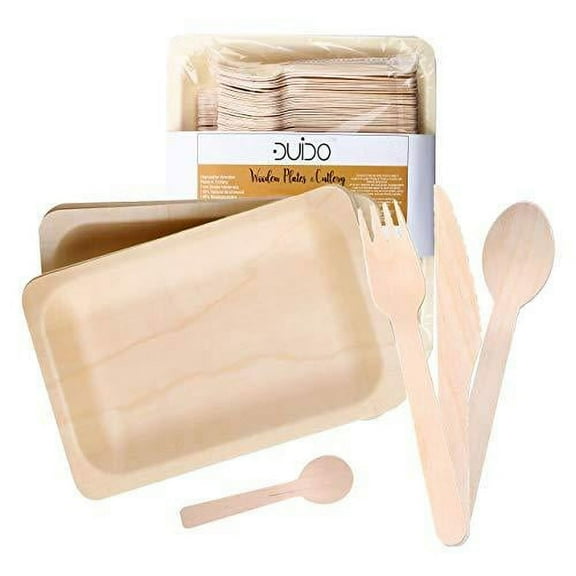 Disposable Wooden Cutlery Utensils Set – (Pack of 60) 12 10.5-inch Plates 12 Forks 12 Knives 12 Spoons 12 Small Spoons Eco-Friendly Silverware Compostable Flatware Biodegradable