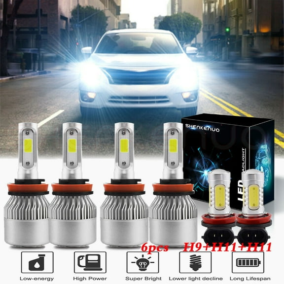 Fit For Nissan Altima 2007-2018 LED Headlight Bulbs, H9 High Beam and H11 Low Beam and H11 Fog light,6pcs,SHENKENUO