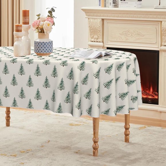 Nappe de Noël 60x84 Pouces Ovale, Arbres Verts Boho Lavable pour Fête Pique-Nique Dîner Décor