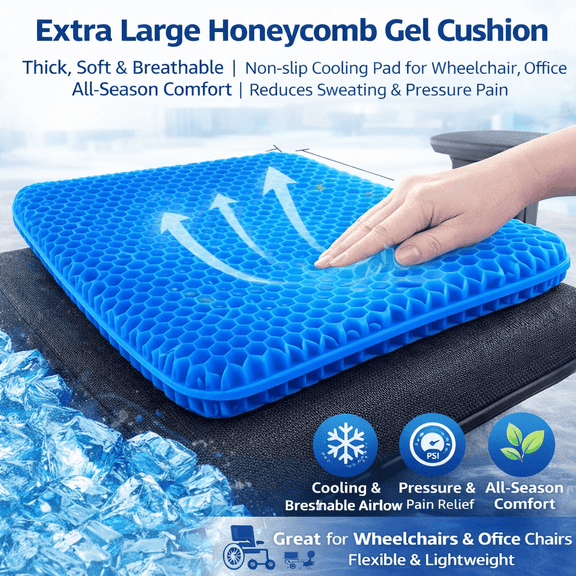 Extra Large Gel Honeycomb Seat Cushion, Thickened Soft Breathable Non-Slip Cooling Pad for Wheelchairs & Office, Reduces Sweating & Pressure Pain
