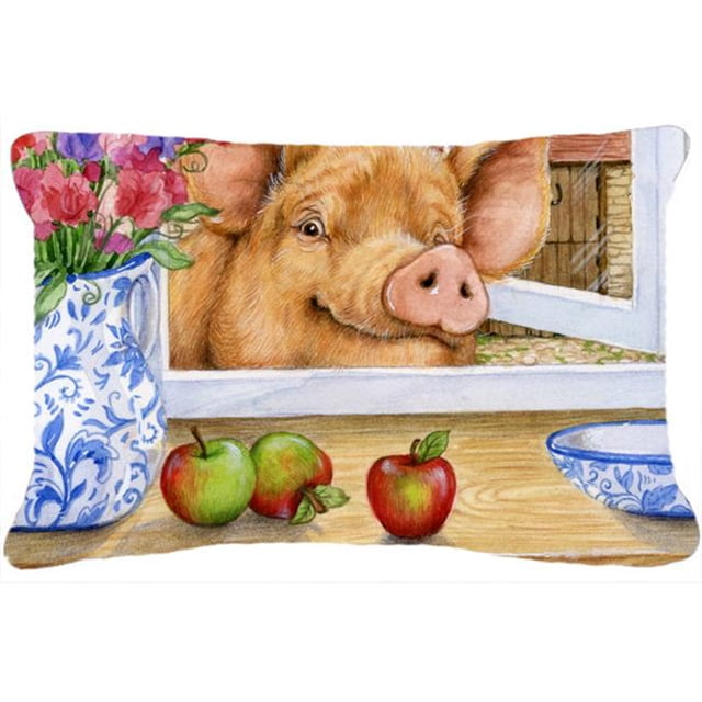 Pig Trying to Reach the Apple in the Window Fabric Decorative Pillow