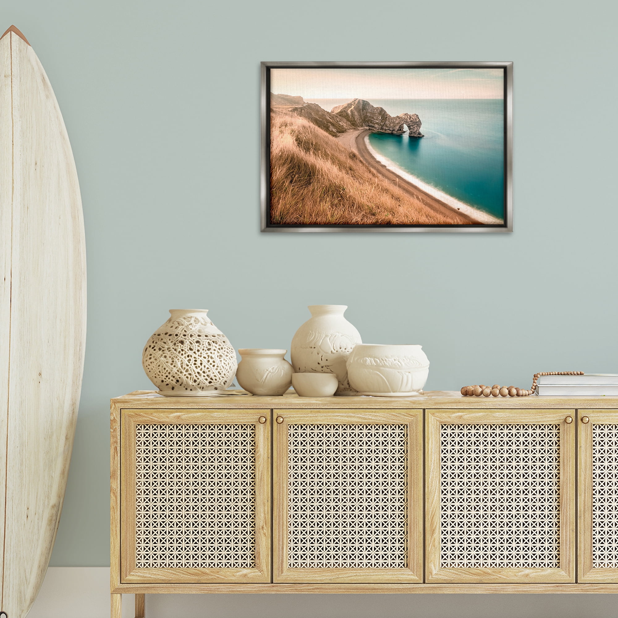 Stupell Industries Beach With Arched Cove Landscape & Nature Photography Gray Floater Framed Canvas Art Print Wall Art, 31 x 21