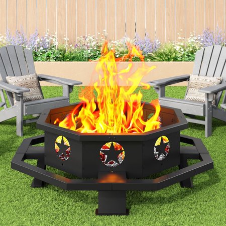 43 inch Fire Pit, Outdoor Wood Burning Fire Pit Octagonal Heavy Duty Firepit for Camping, Backyard, Patio, Black