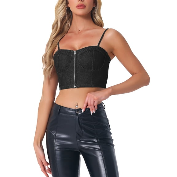 INSPIRE CHIC Women's Top Denim Zip Up Sleeveless Spaghetti Strap Bustier Crop Tops L Black