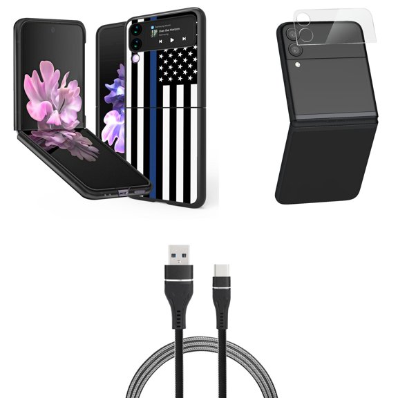 Bemz Premium Bundle for Samsung Galaxy Z Flip 3 5G: Slim Snap-On Protector Case (Thin Blue Line USA Flag), Rear Camera Glass Protector, Nylon Braided USB-C to USB-A Cable (3 Feet)