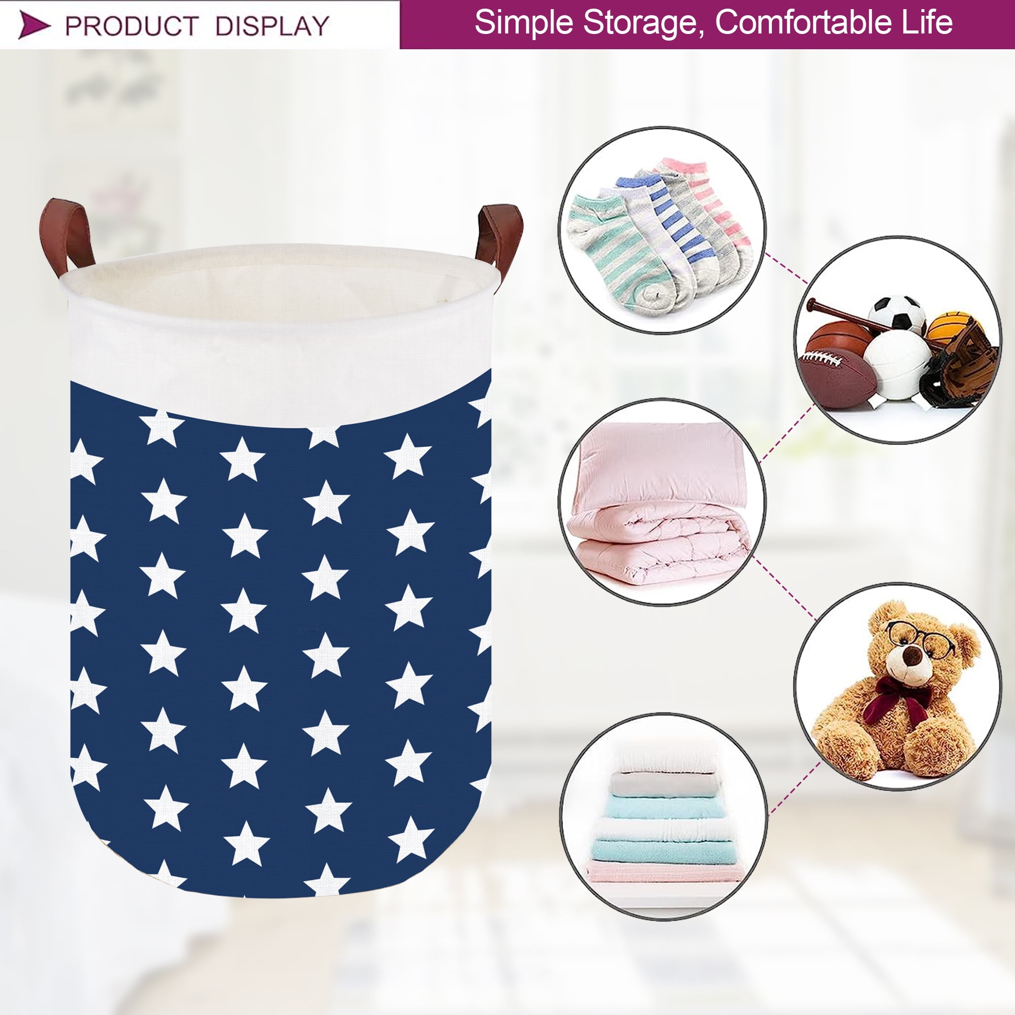 Sortora Large Laundry Hamper, Waterproof Canvas Laundry Basket, Collapsible Storage Basket Bin for Kids Room, Toy Organizer, Nursery Hamper, Clothes Hamper, Stars