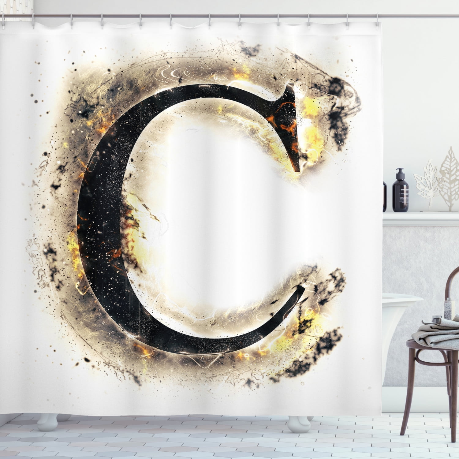 letter c shower curtain letter c flaming backdrop combusted alphabet symbol paper effect writing fabric bathroom set with hooks 69w x 84l inches extra long tan black yellow by ambesonne walmart com