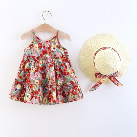 

NECHOLOGY Toddler Girls Sleeveless Beach Dresses Floral Prints Princess Dress Hat Set 4t Dress Dress Red 12-18 Months