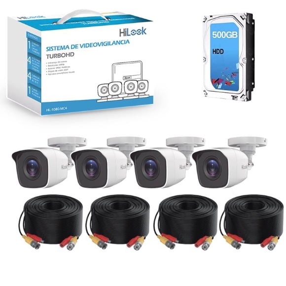 Kit de Seguridad CCTV TurboHD 1080p | DVR 4 Canales + 4 Cámaras Bala Metálicas + Disco Duro 500GB para Vigilancia 24/7 con disco duro de 500 GB