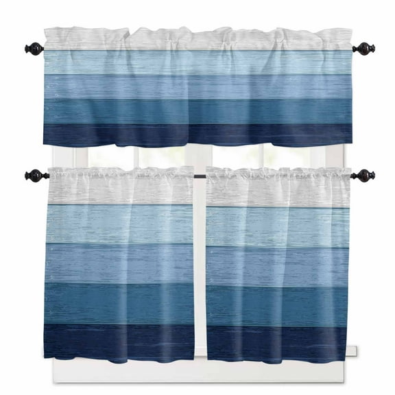 Blue Ombre Kitchen Curtain Set, Farmhouse Vintage Wooden Striped Window Valance and Tiers 36" Length, Light Filtering Short Curtains Valance for Cafe Bathroom Bedroom 54"x18"