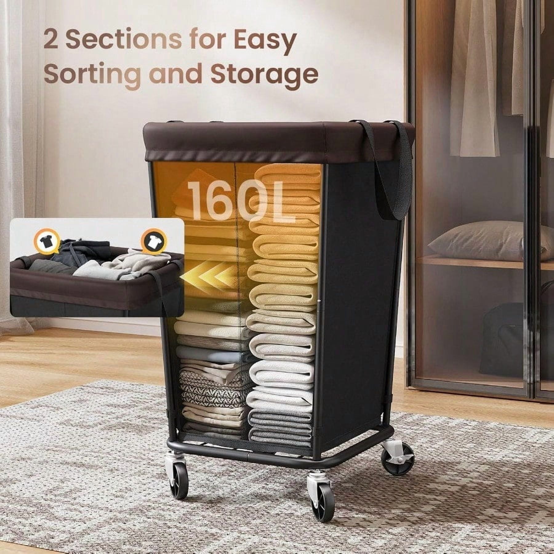 160L Laundry Basket With Wheels 2section Rolling Laundry Basket Large Laundry Hamper With Wheels Rolling Laundry Hamper Clothes Hamper For Home Bathrooms And Dorm Black