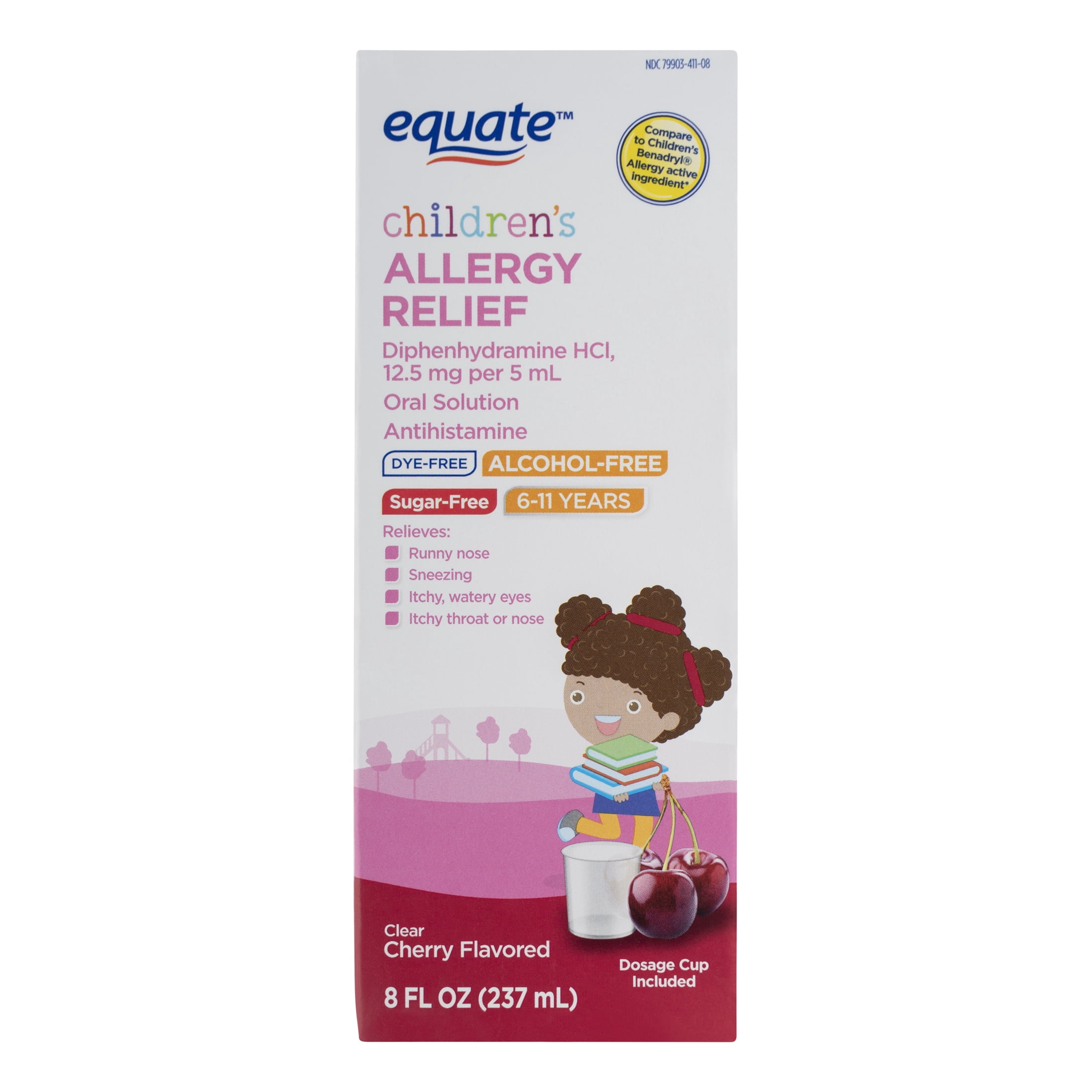 Equate Children's Dye Free Allergy Relief Cherry Flavored Liquid, 8 fl. oz - Fast-Acting Medicine for Kids