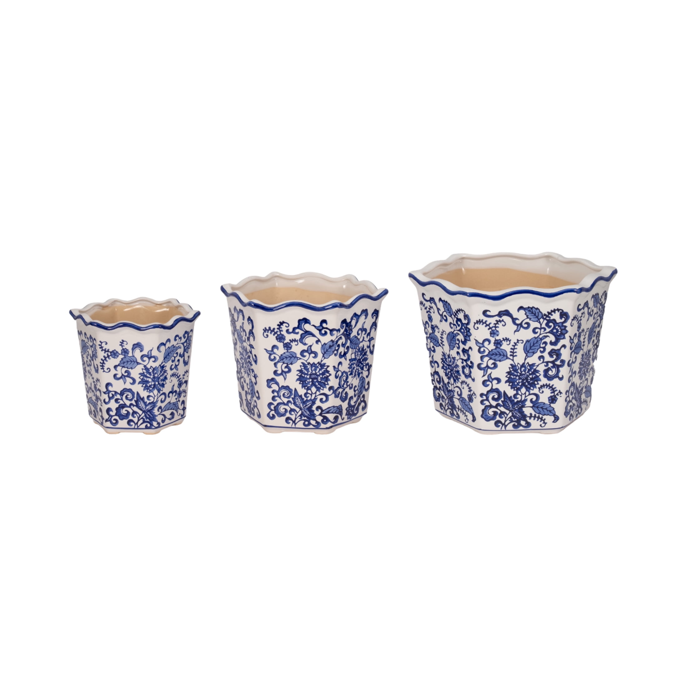 Chinoiserie Flower Pots for Home Decor - Stoneware Ceramic Bowls with Floral Design for Planters for Indoor and Outdoor Plants - Pots For Plants Accent for Garden - Set of 3, 9", 8", 7", Blue & White
