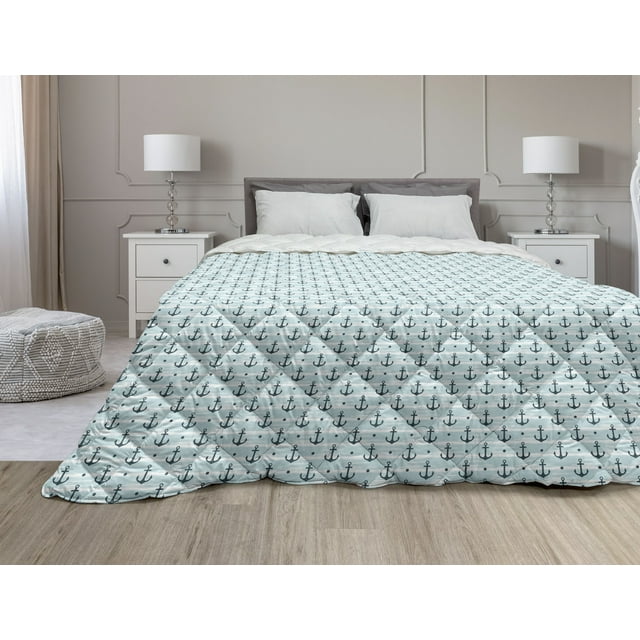 Anchor Down Alternative Comforter, Anchors Zigzag Chevron Background Abstract Waves Monochromic Work of Art, Microfiber Quilt for All Season, 5 Sizes, Dark Green Turquoise, by Ambesonne