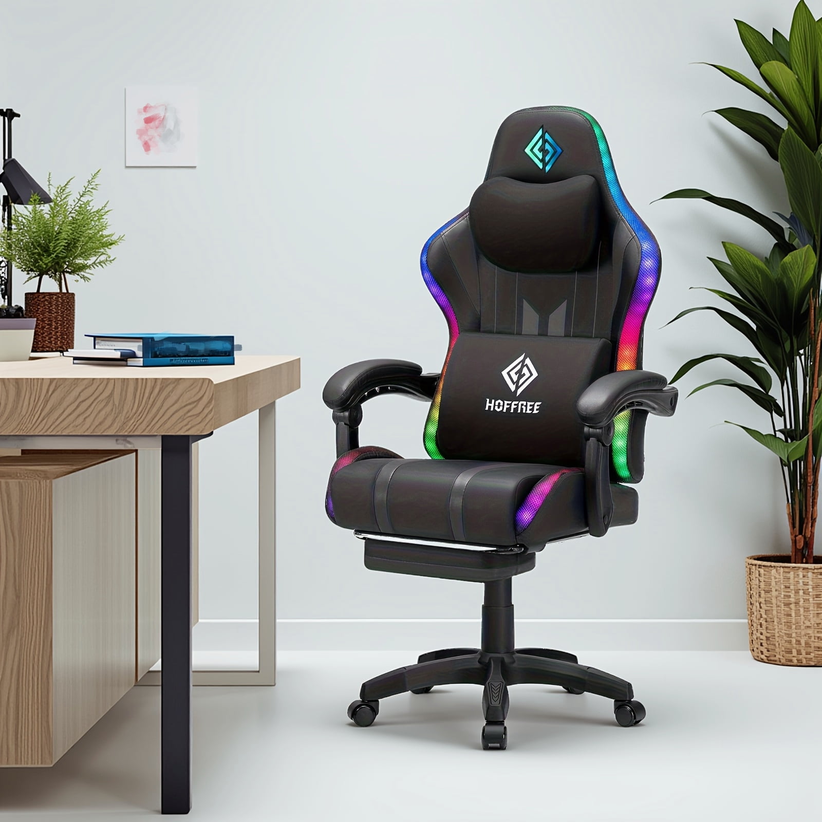HOFFREE Massage Gaming Chair with Speakers, Leather Game Chair with Bluetooth and Music Rhythm RGB Lights, Big and Tall Gamer Chair with Footrest for Adults, Ergonomic Video Game Chair with Headrest