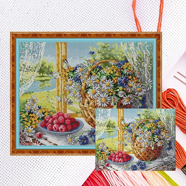 Kit Punto Cruz Flores Contadas Hilo Algodón Ecológico Bordado 14CT 48x37cm