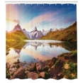 thumbnail image 2 of Scenic Summer Shower Curtain, Tranquil Lake Scene with Water and Mountains at Sunrise Photo, Fabric Bathroom Set with Hooks, 69W X 75L Inches Long, Sea Blue and Multicolor, by Ambesonne, 2 of 2