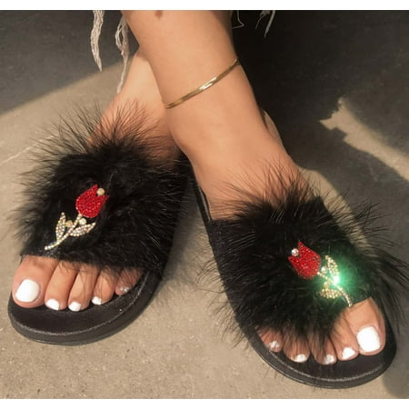 

LnjYIGJ Women s Slippers Women s Summer Fashion Plush Flowers Decoration Slippers Solid Color Flat Shoes