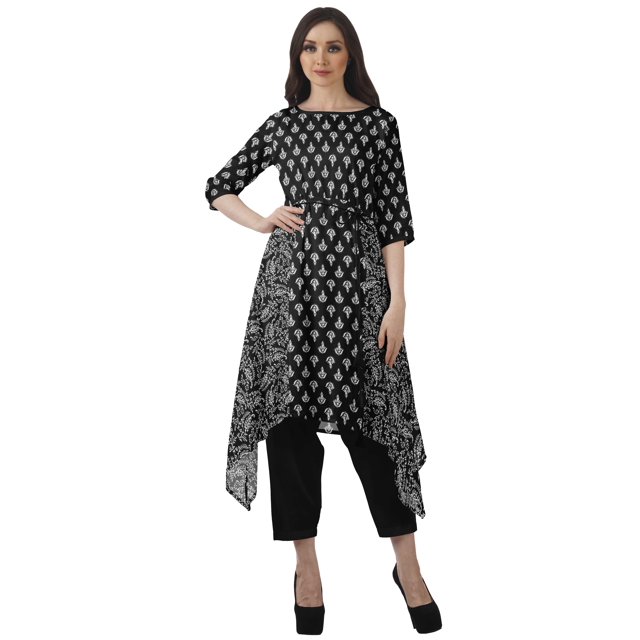 Moomaya Printed Traditional Clothing Womens Asymmetric Kurti Kurta With Pant Set