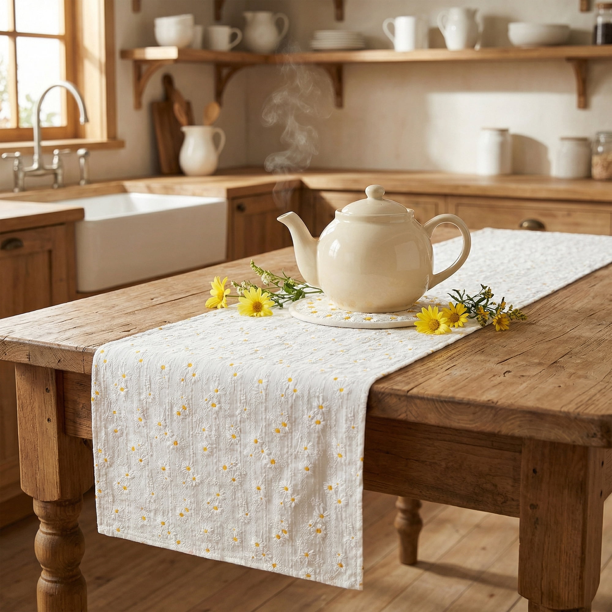 Unique Bargains Cotton Kitchen Runner for Dining Table Decoration Daisy 11.8" x 63"