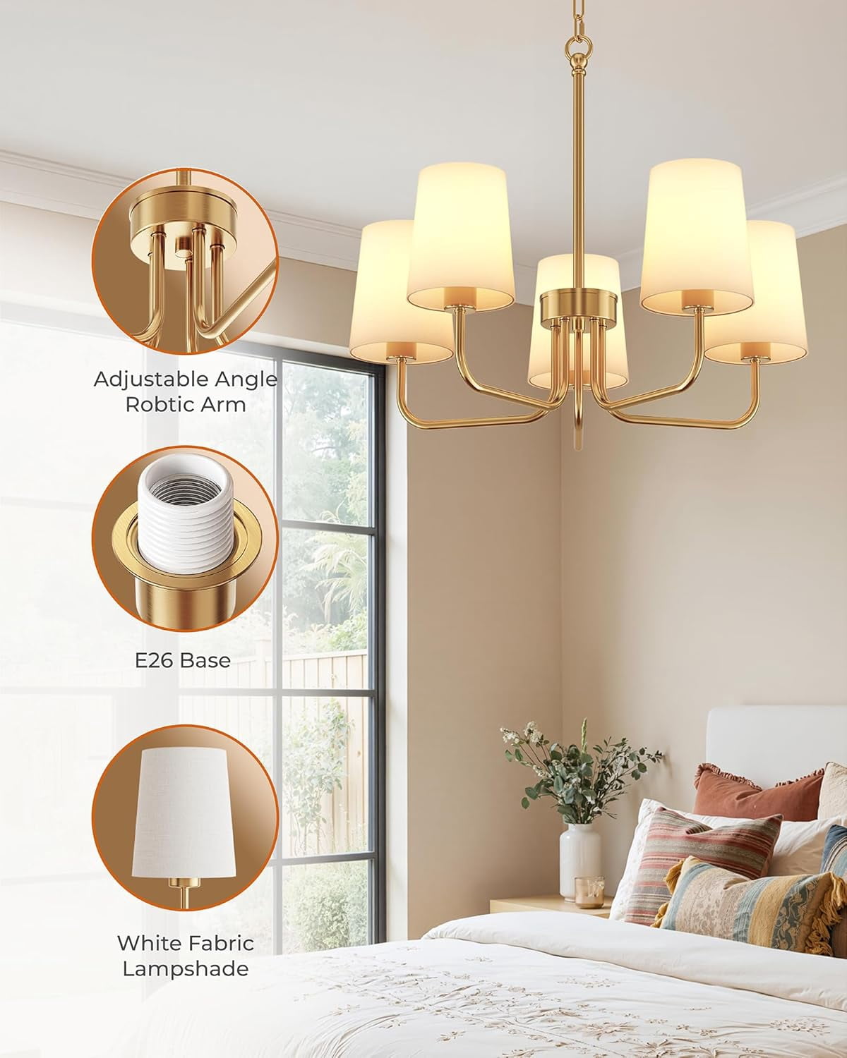 25" Farmhouse Chandelier with Fabric Shade,5-Light Chandelier Lighting Fixture for  Kitchen, Dining Room，Gold